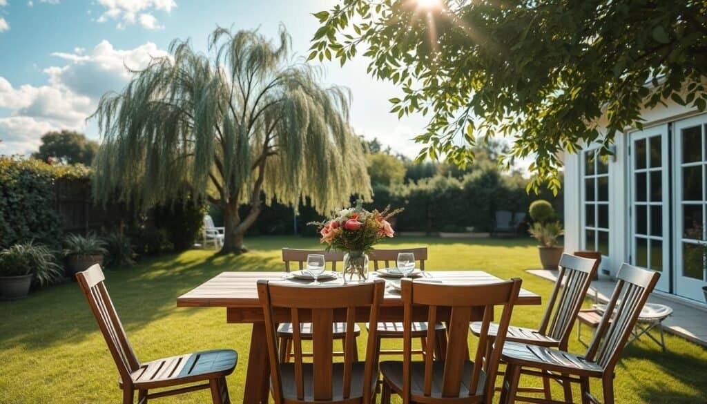 A serene outdoor dining area set in a lush backyard, featuring a rustic wooden table surrounded by simple, elegant chairs. In the foreground, a beautifully arranged table is adorned with fresh flowers in a vase, and simple dinnerware, emphasizing a natural and inviting aesthetic. The middle ground showcases green grass and a few potted plants, while a gently swaying tree provides dappled shade. In the background, a soft blue sky with fluffy clouds adds to the relaxed atmosphere. Soft sunlight filters through the leaves, creating a warm glow that enhances the tranquil mood. The scene is captured with a wide-angle lens to convey openness, inviting viewers to envision leisurely meals in this peaceful setting.