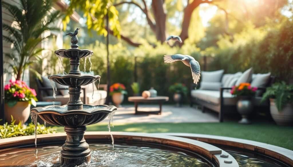 A serene outdoor room featuring a sophisticated bird fountain as the focal point, surrounded by lush greenery and colorful flowers. In the foreground, the gently cascading water from the fountain creates a soothing sound. The middle ground showcases comfortable seating with elegant cushions, inviting relaxation. Flanking the seating area are carefully arranged potted plants and decorative stones, adding to the charm. In the background, soft sunlight filters through the trees, casting delicate shadows on the ground, enhancing the tranquil atmosphere. The scene is captured with a shallow depth of field, emphasizing the intimate feel of this outdoor space while maintaining a bright and airy ambiance, evoking a sense of purpose and comfort in outdoor living.