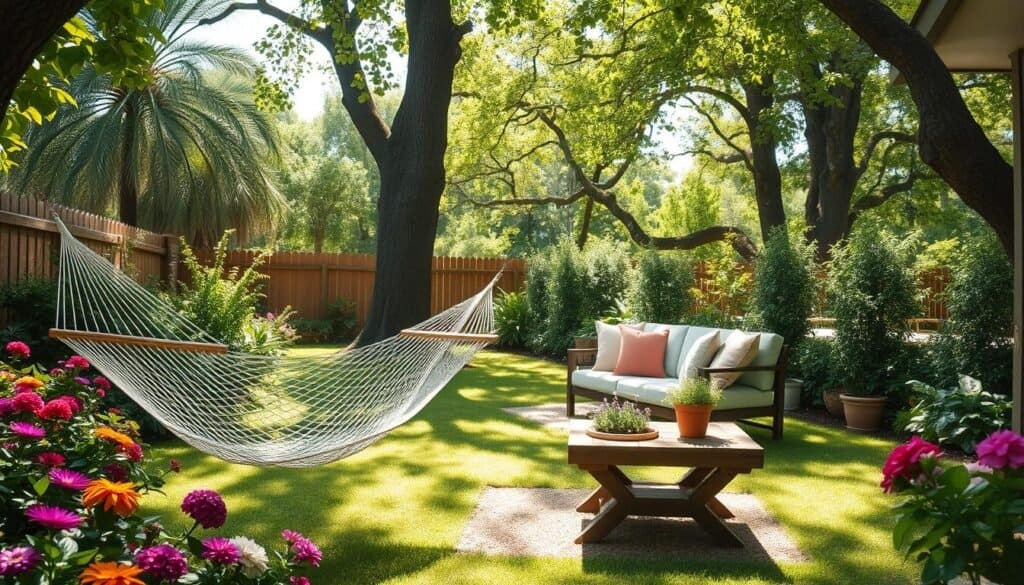 A serene outdoor sanctuary set in a lush backyard. In the foreground, a comfortable hammock is gently swaying, surrounded by vibrant flowers and greenery. The middle ground features a rustic wooden table with inviting cushions and a small potted herb garden, radiating a warm, welcoming feel. In the background, tall trees provide a natural canopy, with dappled sunlight filtering through their leaves, creating soft patterns on the ground. The scene is bathed in bright, natural light, evoking a tranquil atmosphere. A gentle breeze can be sensed, enhancing the peaceful vibe. Capture this image from a slightly elevated angle to showcase the depth and layout of the sanctuary, emphasizing its inviting and calm character.