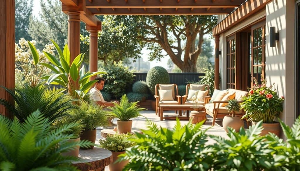 A serene outdoor scene showcasing an array of lush green plants and wooden accents that seamlessly connect indoor and outdoor spaces. In the foreground, a variety of vibrant potted plants, like ferns and succulents, are placed on rustic wooden tables. The middle layer features an inviting patio area, adorned with elegant wooden furniture and warm cushions, bathed in soft sunlight creating a welcoming atmosphere. In the background, tall leafy trees and flowering shrubs frame the space, adding depth to the scene. The entire composition is captured with a wide-angle lens, emphasizing the harmony between nature and crafted décor. The mood is tranquil and rejuvenating, inviting viewers to envision a perfect blend of indoor comfort and outdoor beauty.