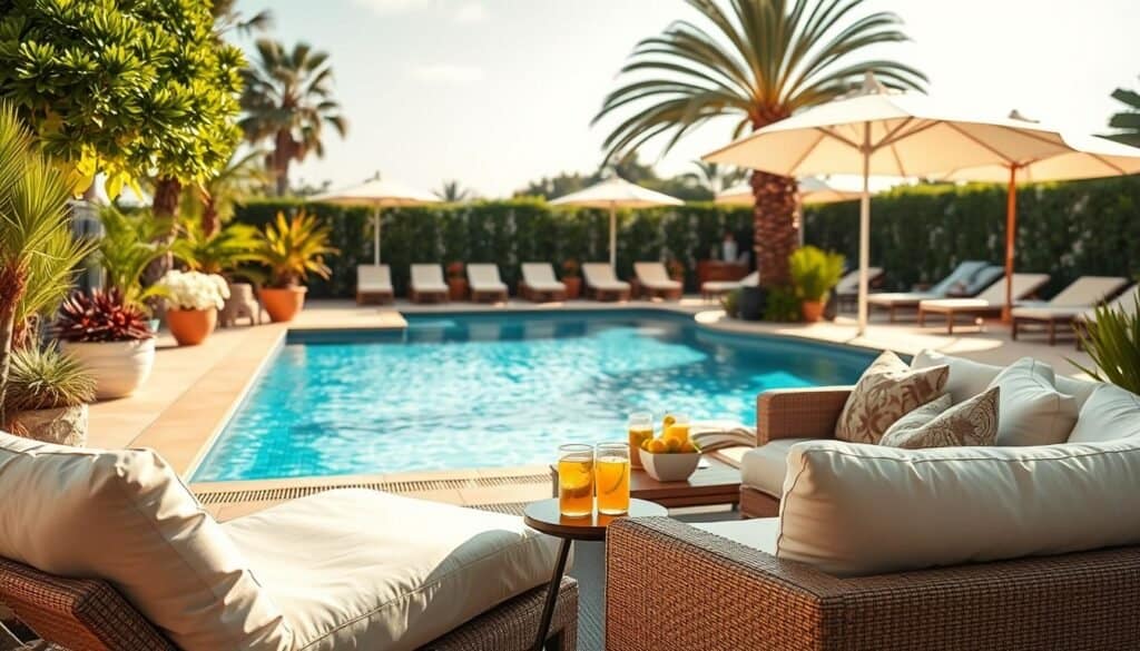 A serene poolside scene featuring a beautifully designed outdoor lounge area that invites relaxation. In the foreground, plush, oversized lounge chairs and a stylish outdoor sofa with soft cushions create a welcoming space, accompanied by a small side table holding refreshing beverages. The middle ground showcases a shimmering swimming pool, surrounded by tastefully arranged greenery and colorful potted plants. In the background, a bright, sunlit patio with elegant umbrellas casts dappled light over the space. The overall atmosphere is tranquil and inviting, evoking the feel of a luxury resort. Capture this scene in soft, warm lighting, emphasizing the bright natural light and airy ambiance, from a slightly elevated angle to highlight the design elements and create depth in the composition.