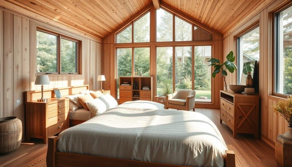 A serene wooden bedroom that showcases a blend of natural textures and calming design elements. In the foreground, a beautifully crafted wooden bed with a soft, neutral-colored duvet and decorative pillows. The middle layer features wooden nightstands with minimalist lamps, and a cozy reading nook with a plush chair and small bookshelf. In the background, large windows allow bright, natural light to fill the room, casting soft sunlight on light wood paneling and soothing earth-toned accents. Incorporate elements of nature, such as potted plants or wooden decorative pieces. The overall atmosphere should evoke tranquility and comfort, emphasizing a stylish yet peaceful retreat. Use a wide-angle lens to enhance the spacious feel of this airy, well-lit bedroom.