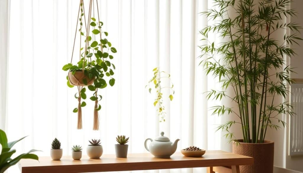 A serene zen-inspired plant corner featuring an assortment of lush greenery, including a tall snake plant and cascading philodendron hanging in elegant macramé hangers. In the foreground, a smooth wooden bench serves as a display for small potted succulents and a simple ceramic teapot, emphasizing natural textures. The middle ground showcases a large, well-lit window, allowing bright, soft sunlight to filter through sheer white curtains, creating a warm and inviting ambiance. In the background, a bamboo plant adds height and a sense of tranquility. The scene is captured with a gentle focus, highlighting the harmonious arrangement and balanced composition, evoking a sense of calm and mindfulness within a minimalist home setting.