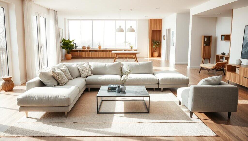 A spacious and airy living room interior, designed with balance and harmony in mind. In the foreground, a soft beige area rug anchors a light gray sectional sofa adorned with textured throw pillows. A sleek coffee table sits centrally, showcasing minimalist decor such as a potted plant and a stack of art books. In the middle ground, a large window allows bright natural light to fill the space, highlighting wood accents and a subtle color palette of soft whites and muted earth tones. The background features an open layout that flows into a cozy reading nook with a stylish armchair and a small bookshelf, creating a feeling of openness. The overall atmosphere is serene and inviting, radiating a sense of tranquility. Soft sunlight enhances the warm ambience, promoting a feeling of breathability in the design.