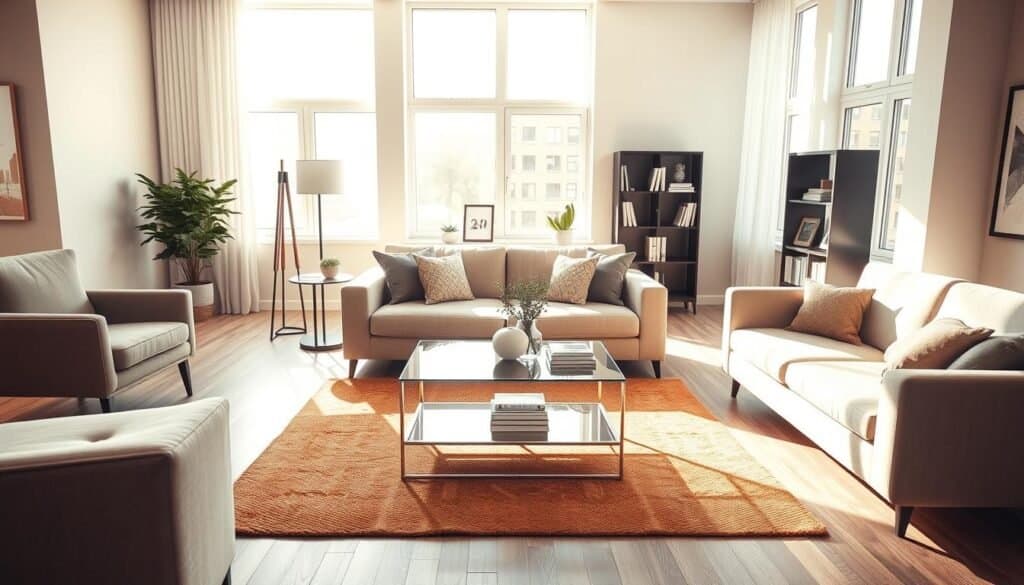 A spacious, modern living room with a well-thought-out furniture arrangement emphasizing visual weight distribution. In the foreground, a plush, neutral-colored sofa faces a stylish coffee table, featuring balanced decorative elements. To one side, a visually heavier armchair complements a standing lamp, while an elegant bookshelf occupies the opposite corner, creating symmetry. The middle ground showcases a warm, inviting area rug that anchors the layout. In the background, large windows allow bright, soft sunlight to stream in, illuminating the space with a cheerful ambiance. Use a slightly elevated angle to capture the entire room, creating a sense of openness. The overall mood is calm and harmonious, reflecting a professional yet cozy atmosphere ideal for relaxation and conversation.