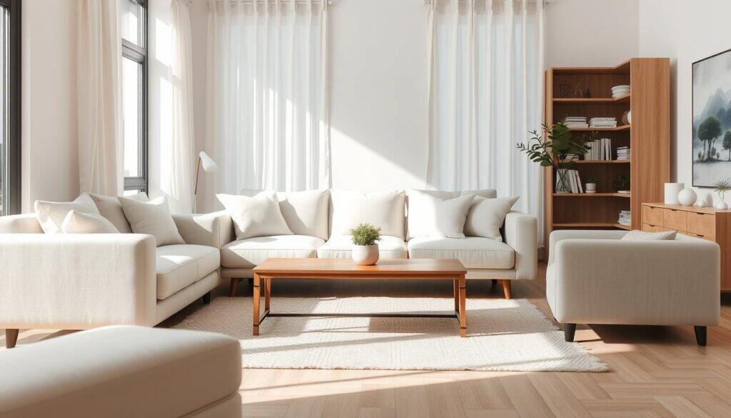 A stylish and calm living room interior, featuring soft neutral tones. In the foreground, a plush light-colored sofa adorned with gentle pastel throw pillows. A simple, elegantly designed wooden coffee table with a small potted plant sits in front of it. In the middle, a cozy rug balances the space, enhancing the serene atmosphere. Subtle wooden accents, like a bookshelf with neatly arranged books and decorative items, bring a touch of nature indoors. Natural light streams through large windows, casting soft shadows across the room. The background features light curtains fluttering slightly in a gentle breeze. The overall mood is peaceful and inviting, designed to create a sense of tranquility without feeling staged. A stylish and calm living room interior, featuring soft neutral tones. In the foreground, a plush light-colored sofa adorned with gentle pastel throw pillows. A simple, elegantly designed wooden coffee table with a small potted plant sits in front of it. In the middle, a cozy rug balances the space, enhancing the serene atmosphere. Subtle wooden accents, like a bookshelf with neatly arranged books and decorative items, bring a touch of nature indoors. Natural light streams through large windows, casting soft shadows across the room. The background features light curtains fluttering slightly in a gentle breeze. The overall mood is peaceful and inviting, designed to create a sense of tranquility without feeling staged.