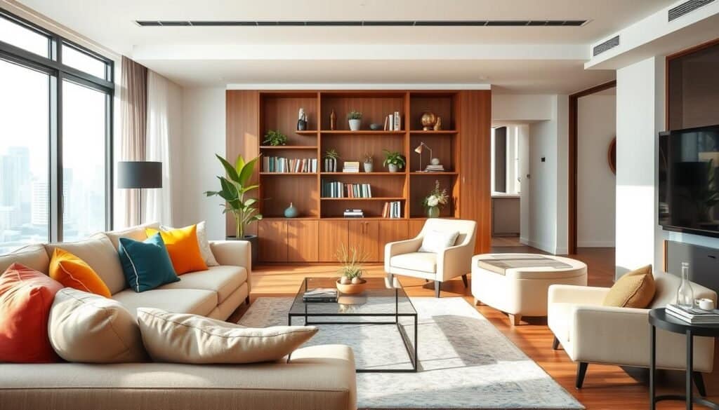 A stylish condo living room designed for real lifestyle engagement, featuring an open layout with comfortable furniture that invites relaxation and social interaction. In the foreground, a plush beige sofa adorned with colorful throw pillows, paired with a sleek coffee table. The middle section showcases a wooden bookshelf filled with books and decorative plants, while a cozy armchair sits beside a large window letting in bright, natural light. The background reveals a subtle view of a cityscape through glass doors, creating an airy atmosphere. Use soft sunlight filtering through sheer curtains for a warm, inviting glow. Shot from a slightly elevated angle, focusing on the harmonious arrangement and functional design elements that reflect everyday living.