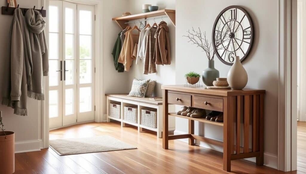 A stylish entryway featuring a blend of modern and rustic storage solutions. In the foreground, a sleek wooden console table adorned with decorative items such as a potted plant and a chic vase. To the left, a contemporary coat rack with neatly hung jackets and scarves in muted colors. The middle section showcases a well-organized shoe storage bench with various pairs of shoes visible, complemented by a woven basket underneath. In the background, a bright, airy space with large windows allowing soft, natural light to filter in, illuminating the warm wooden flooring. The mood is inviting and organized, emphasizing a harmonious blend of functionality and style, perfect for a welcoming entrance in a home.
