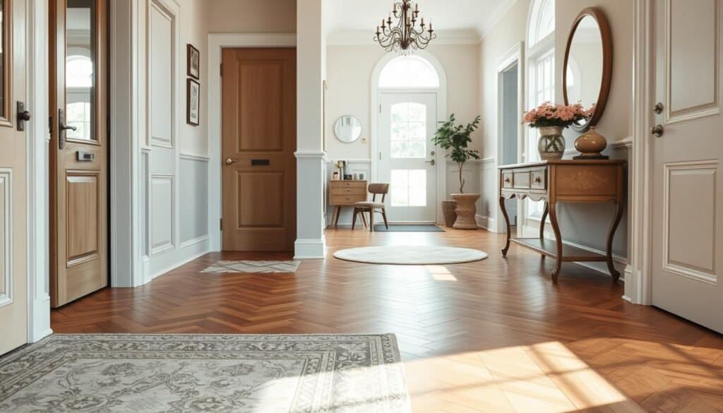 A stylish entryway showcasing a variety of flooring ideas that blend classic and contemporary styles. In the foreground, polished hardwood flooring with intricate patterns leads to a welcoming rug. The middle section features an array of flooring types, including tiled patterns, herringbone wooden planks, and sleek modern laminate in a cozy, inviting layout. A decorative console table adorned with fresh flowers and a framed mirror enhances the ambiance. In the background, a softly lit hallway with natural light streaming through a large window creates a warm atmosphere. The image captures a serene and welcoming mood, inviting viewers into a home filled with charm. Use bright, natural lighting to illuminate the space, emphasizing the beauty of the flooring, with a slight focus on depth for an engaging perspective.