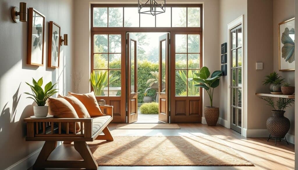 A stylish entryway that seamlessly blends indoor comfort with outdoor aesthetics. In the foreground, a beautiful wooden bench adorned with plush cushions in inviting earth tones, accented by a small indoor plant. The middle section features a stunning open-door view showcasing a lush green garden, with light streaming in through the doorway, creating a warm and welcoming atmosphere. Stylish indoor decor elements, such as a decorative rug and wall-mounted art, enhance the space. In the background, soft sunlight filters through large windows, illuminating the space and casting gentle shadows. The scene evokes a sense of harmony and tranquility, inviting guests to enjoy a warm first impression. The image has a realistic touch, reminiscent of high-quality home décor photography.