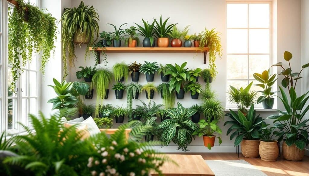 A stylish living room filled with lush greenery displayed on a decorative plant wall, featuring various potted plants such as ferns, succulents, and trailing vines. In the foreground, a cozy seating arrangement with natural wood furniture complements the vibrant plants. The middle layer reveals a well-organized plant wall with varying heights and textures, accentuated by a wooden shelf for added depth. Soft, warm natural light filters through large windows, creating an airy atmosphere that enhances the greenery. A light color palette, including soft whites and earthy tones, harmonizes with the plants, providing a serene and inviting feel. The overall composition captures a perfect blend of natural accents, showcasing how wood and plants can transform a space without any major redesign.
