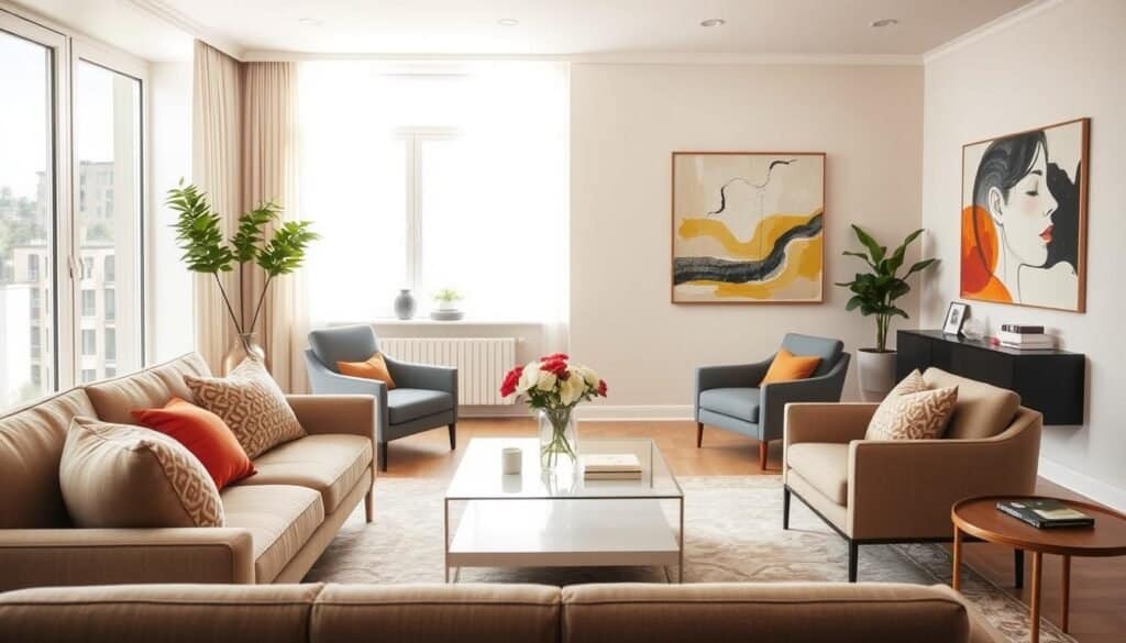 A stylish living room showcasing balanced decor where visual weight is thoughtfully distributed. In the foreground, a modern yet cozy sofa adorned with colorful pillows and a sleek coffee table holding a vase of fresh flowers. The middle ground features a well-placed armchair with a small side table, all positioned to encourage conversation. In the background, a large window allows bright, natural light to flood the space, enhancing a warm and inviting atmosphere. Walls are painted in soft neutral tones, complemented by abstract art that draws the eye without overwhelming the scene. The overall composition exudes harmony and balance, with airy and well-lit elements emphasizing the concept of visual weight in interior design.
