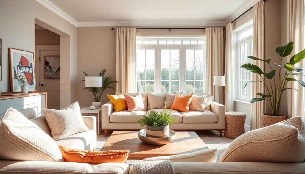 A stylish living room showcasing versatile color schemes that adapt to changing light. In the foreground, a cozy sofa adorned with soft, textured cushions in neutral shades, accented by vibrant throw pillows in pastel colors. The middle ground features a sleek coffee table with natural wooden finishes, complemented by a decorative centerpiece of potted greenery. In the background, large windows allow bright, natural light to fill the space, casting gentle shadows and illuminating the various color tones. The walls are painted in subtle hues that shift in appearance as the sunlight moves throughout the day. The atmosphere is inviting and serene, evoking a sense of comfort and adaptability. The scene captures the essence of a harmonious living room with a blend of modern and cozy elements, all showcased in soft sunlight.