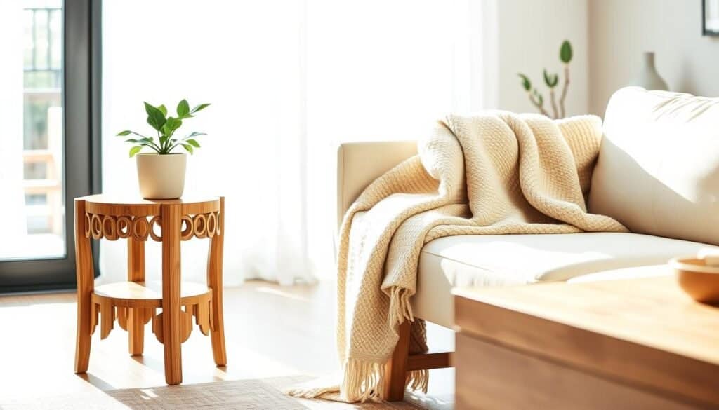A stylish living room showcasing wooden accent furniture, featuring a small, intricately carved side table and a minimalist wooden chair. The side table, with a natural finish, displays a decorative plant and a cozy throw blanket draped elegantly over the chair. In the background, a soft cream sofa complements the earthy tones of the wood. The scene is bathed in bright, natural light streaming through a large window, creating a warm and airy atmosphere. The lens captures the scene at a slightly elevated angle, emphasizing the textures of the wood and the inviting ambiance. The overall mood is serene and stylish, perfect for calm living room styling. A stylish living room showcasing wooden accent furniture, featuring a small, intricately carved side table and a minimalist wooden chair. The side table, with a natural finish, displays a decorative plant and a cozy throw blanket draped elegantly over the chair. In the background, a soft cream sofa complements the earthy tones of the wood. The scene is bathed in bright, natural light streaming through a large window, creating a warm and airy atmosphere. The lens captures the scene at a slightly elevated angle, emphasizing the textures of the wood and the inviting ambiance. The overall mood is serene and stylish, perfect for calm living room styling.