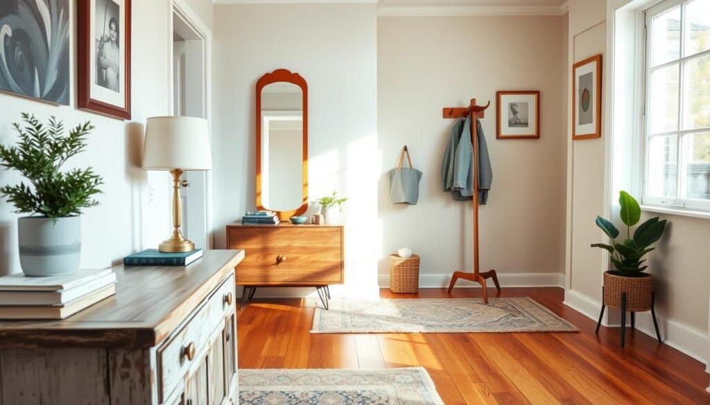 A stylish modern vintage entryway showcasing an inviting atmosphere. In the foreground, a distressed wooden console table adorned with an assortment of vintage books, a small potted plant, and a minimalist lamp. In the middle, a sleek, vintage-inspired mirror reflecting the soft sunlight streaming through a nearby window, paired with a contemporary coat rack in warm wood tones. The background features a cozy area rug on polished hardwood floors, and calming pastel wall colors blending seamlessly with classic framed artwork. The scene is brightly lit by natural light, creating an airy feel. The angle is slightly elevated, capturing the harmonious blend of modern and vintage elements, evoking a timeless appeal that feels both natural and welcoming. A stylish modern vintage entryway showcasing an inviting atmosphere. In the foreground, a distressed wooden console table adorned with an assortment of vintage books, a small potted plant, and a minimalist lamp. In the middle, a sleek, vintage-inspired mirror reflecting the soft sunlight streaming through a nearby window, paired with a contemporary coat rack in warm wood tones. The background features a cozy area rug on polished hardwood floors, and calming pastel wall colors blending seamlessly with classic framed artwork. The scene is brightly lit by natural light, creating an airy feel. The angle is slightly elevated, capturing the harmonious blend of modern and vintage elements, evoking a timeless appeal that feels both natural and welcoming.
