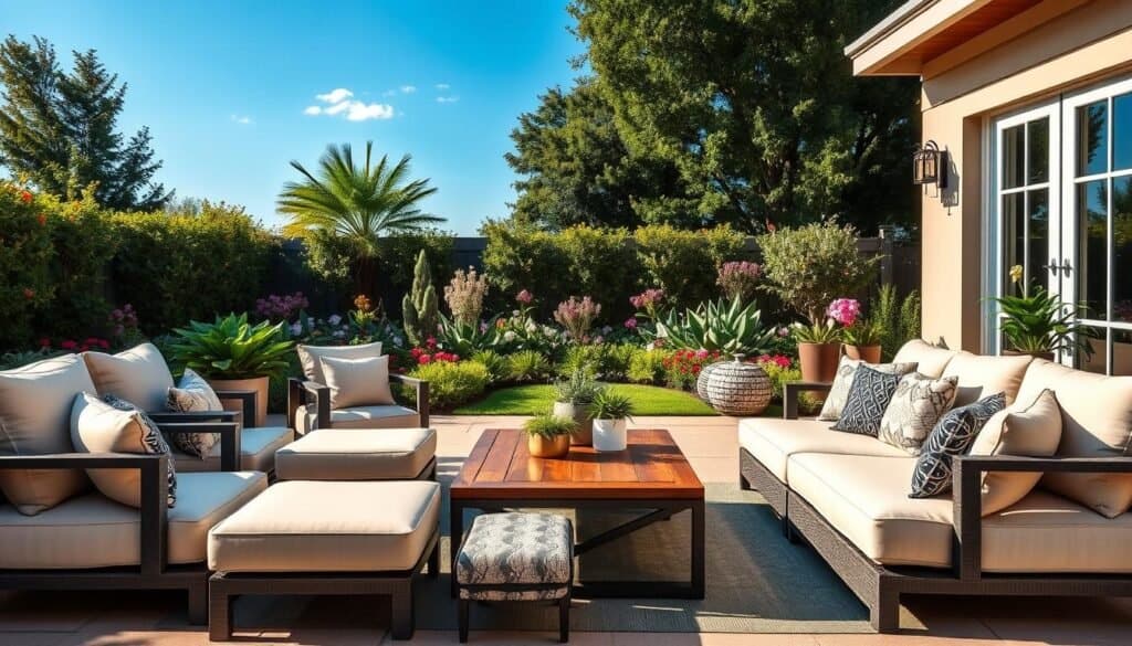 A stylish outdoor patio featuring modular seating designed for comfort and adaptability. In the foreground, a cozy arrangement of sectional chairs and ottomans in soft, neutral tones, surrounded by plush cushions. The middle ground reveals a sophisticated wooden coffee table with decorative plants. In the background, a lush garden with vibrant flowers and a clear blue sky under soft sunlight creates an inviting atmosphere. The scene is well-lit, emphasizing the warmth of the outdoor space. Capture the image from a slightly elevated angle to showcase the seating arrangement and its surroundings, highlighting the convenience and flexibility of modular design in creating an inviting backyard oasis.