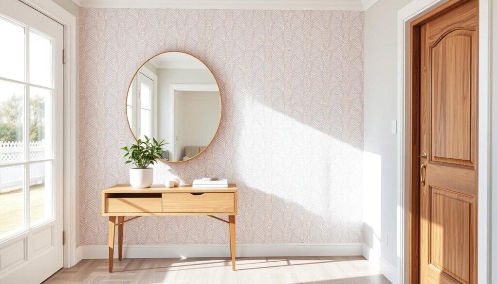 A stylish small entryway featuring wallpaper that blends elegance with practicality. In the foreground, a modern console table with a natural wood finish, adorned with a small potted plant and a minimalist decorative item. The middle ground showcases a beautifully designed wallpaper—subtle geometric patterns in soothing colors that evoke calmness and joy. The background includes a well-lit mirror reflecting soft natural light, enhancing the spacious feel. The atmosphere is airy, complemented by bright sunlight casting gentle shadows. The image captures the essence of a functional entryway, highlighting its beauty while emphasizing real-life utility, with no people present.
