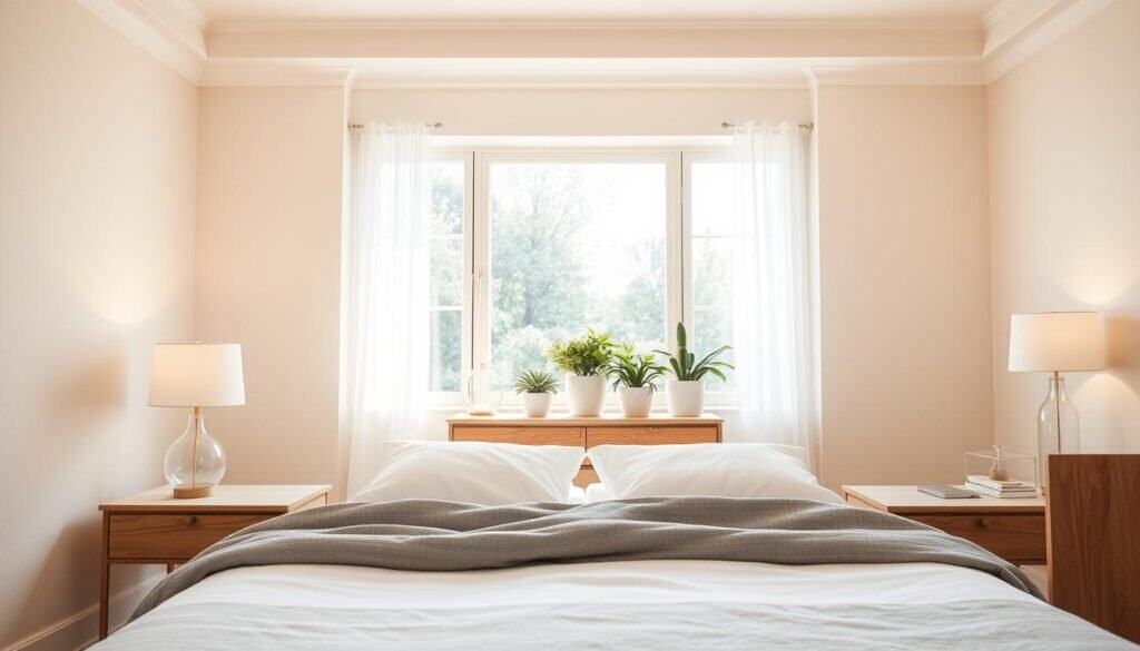 A tranquil bedroom adorned with calming, neutral colors, featuring soft beige walls and a light cream ceiling. In the foreground, a cozy bed dressed in simple white linens and a muted gray throw blanket. On either side of the bed, minimalist wooden nightstands hold delicate glass lamps casting a warm, gentle glow. In the middle, a large window allows streams of soft sunlight to filter in, illuminating the space and creating an airy atmosphere. The background showcases a tasteful wooden dresser with potted greenery, enhancing the serene vibe. The overall scene feels inviting and peaceful, perfect for creating a restful retreat. The lighting is bright yet soft, captured from a slightly elevated angle to emphasize the spaciousness and serenity of the room.
