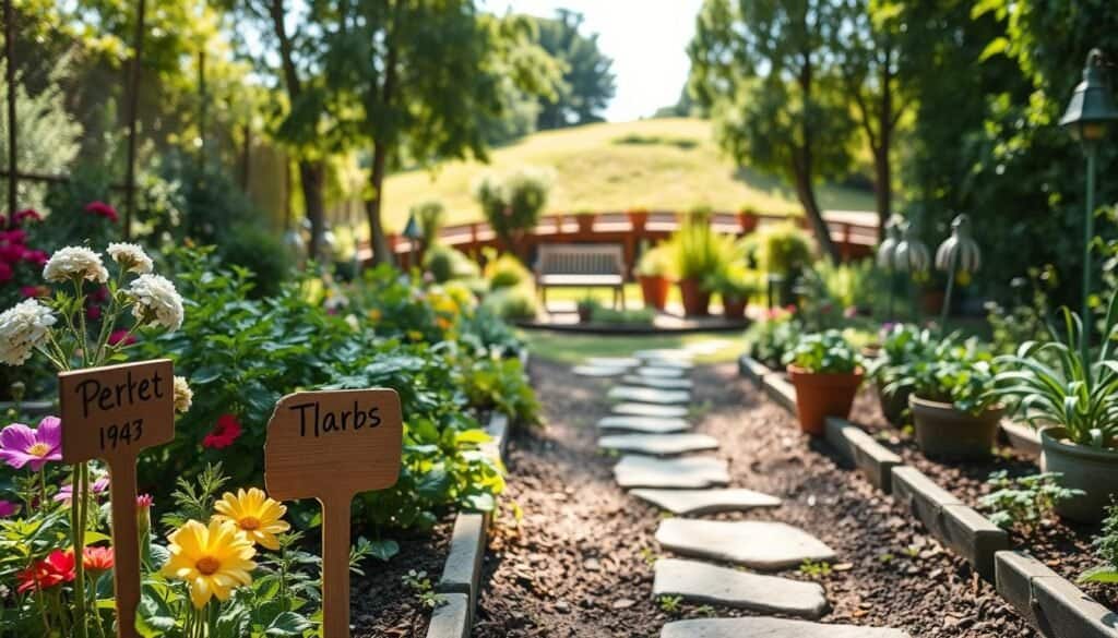 A tranquil garden scene depicting various garden label ideas, thoughtfully designed. In the foreground, rustic wooden markers with handwritten plant names are placed beside blooming flowers, herbs, and neatly arranged vegetable rows. The middle ground features a well-maintained garden path, with delicate stepping stones leading towards a small seating area adorned with potted plants. The background showcases a gently sloped backyard, framed by lush greenery, creating a sense of openness. Natural, bright sunlight filters through the trees, casting soft, warm light across the scene, enhancing the inviting atmosphere. The image should convey a sense of balance and proportion, highlighting the harmony of garden elements while avoiding overwhelming sensations. Capture this idyllic moment from a slightly elevated angle for depth and perspective.