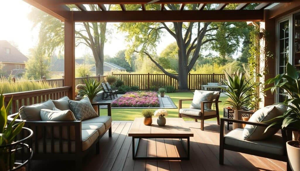 A tranquil outdoor space featuring a cozy backyard seating area that invites relaxation. In the foreground, a wooden deck with plush, neutral-toned cushions and a stylish outdoor coffee table set against a backdrop of lush greenery. The middle ground showcases potted plants and a vibrant flower bed, contributing to a welcoming atmosphere. In the background, a peaceful garden with tall trees filtering soft, warm sunlight creates an inviting ambiance. The scene is captured from a slightly elevated angle to emphasize the spaciousness, incorporating bright natural light to enhance the feeling of openness. The overall mood is serene and inviting, encouraging viewers to envision a comfortable spot to unwind outdoors.