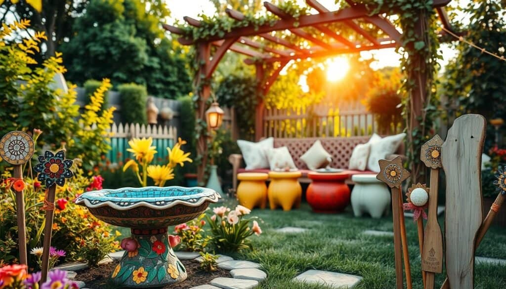 A vibrant and inviting backyard scene showcasing handmade garden art. In the foreground, a charming mosaic birdbath surrounded by colorful flowers and rustic wooden garden stakes that display unique designs. The middle of the image features a cozy seating area with hand-painted garden stools, draped with soft, patterned cushions, inviting relaxation. A trellis adorned with climbing vines and hanging lanterns creates a warm ambiance. In the background, lush greenery and a softly lit sky filter warm sunlight onto the scene, enhancing the cozy atmosphere. The angle captures the space from a slightly elevated viewpoint, showcasing depth and perspective. The overall mood is serene and welcoming, perfect for encouraging a personal touch in outdoor spaces.