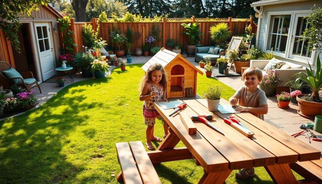 A vibrant backyard scene showcasing a family working together on a DIY outdoor project. In the foreground, a wooden picnic table is surrounded by tools like saws, paintbrushes, and planks, with children casually dressed and smiling as they paint parts of a small wooden playhouse. The middle ground features a lush green lawn dotted with colorful flowers and potted plants, creating an inviting, cheerful atmosphere. In the background, a cozy patio area with a well-kept garden and comfortable seating is bathed in soft, natural light, emphasizing the warmth of a sunny day. The angle captures the entire space, highlighting the inviting and family-friendly vibe. The overall mood is joyful and creative, perfect for inspiring backyard projects.