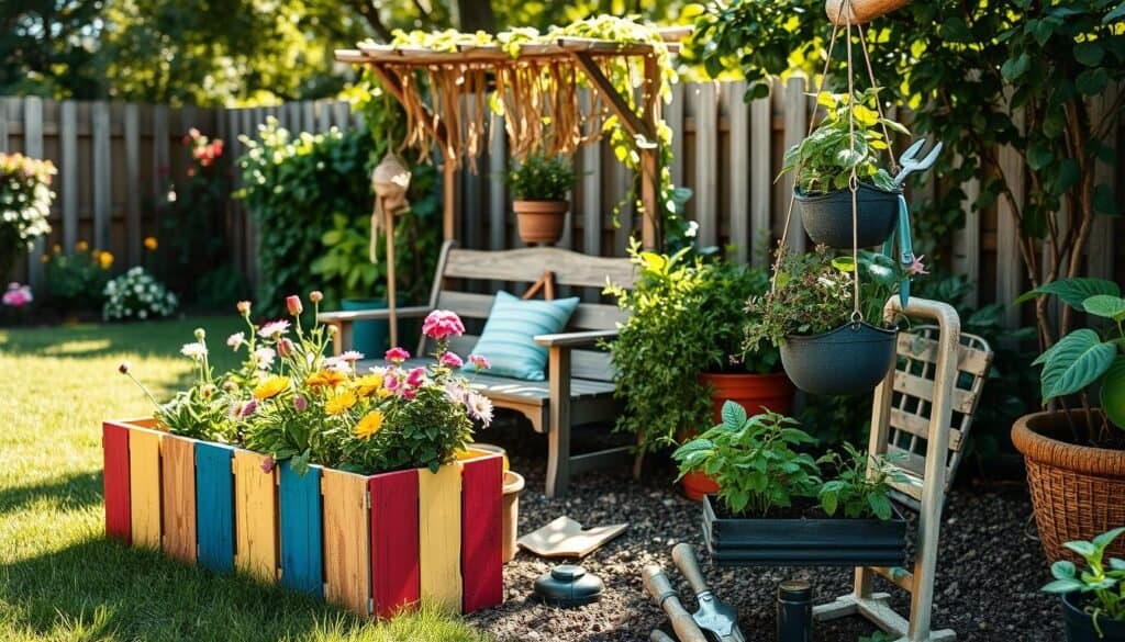 A vibrant backyard scene showcasing an array of creative planter projects. In the foreground, a colorful wooden planter box brimming with blooming flowers and lush greenery, alongside a modern hanging planter filled with herbs. In the middle ground, a rustic wooden bench complements the planters, with garden tools neatly arranged nearby. In the background, a small trellis adorned with climbing vines and sunlight filtering through leaves creates a warm and inviting atmosphere. The soft, natural light enhances the vivid colors of the plants, casting gentle shadows that add depth to the scene. The overall mood is cheerful and inspiring, highlighting the beauty of simple yet impactful gardening projects.