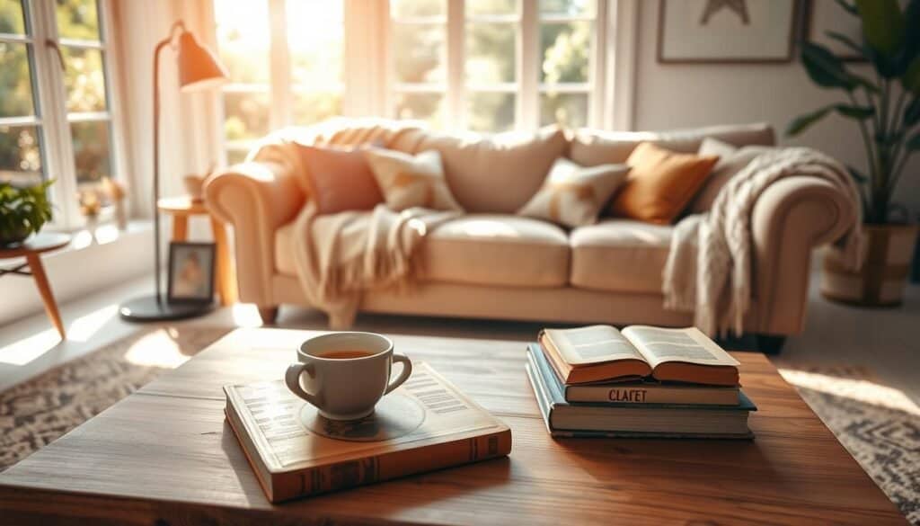 A warm and cozy living room design, featuring a plush, inviting sofa adorned with soft, textured blankets and decorative pillows. In the foreground, a wooden coffee table holds a steaming cup of coffee and a few well-loved books. The middle ground showcases a stylish area rug, with a warm color palette of earth tones, and a floor lamp emitting gentle, diffused light. In the background, large windows let in bright natural light, brightening the airy space and revealing greenery outside. The mood is serene and inviting, perfect for relaxation. The scene captures the essence of warmth and comfort, highlighted by soft sunlight casting gentle shadows. Overall, it embodies a welcoming atmosphere that encourages gathering and connection.