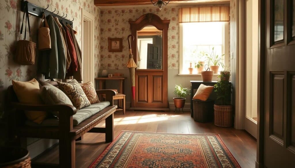 A warm and inviting English cottage foyer, featuring a rustic wooden bench adorned with an assortment of colorful cushions, creating a cozy atmosphere. The foreground showcases a handwoven, intricate rug, inviting visitors inside. In the middle, a wooden coat rack hangs with an array of well-worn jackets and a vintage umbrella, adding character. An antique mirror reflects soft, natural light filtering through a nearby window, illuminating the space. The background reveals charming floral wallpaper and potted plants, enhancing the homey feel. The sunlight casts gentle shadows, evoking a sense of tranquility and warmth. Capture this scene with a focus on detail and realism, using a wide-angle lens to create depth and an airy ambiance.