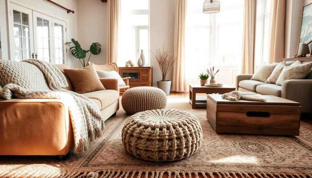 A warm and inviting living room setting, featuring a variety of cozy textures that enhance the sense of comfort. In the foreground, a plush knitted throw drapes over a soft velvet couch, paired with a chunky woven pouf. The middle ground showcases an intricately patterned area rug that adds depth, surrounded by rustic wooden coffee tables and cushions in various soft fabrics. The background reveals large windows allowing bright, natural light to flood the room, creating soft shadows that accentuate the textures. The atmosphere is serene and welcoming, evoking a sense of tranquility. Use bright, airy lighting with soft sunlight filtering through the curtains, capturing the essence of warmth and coziness in home décor.