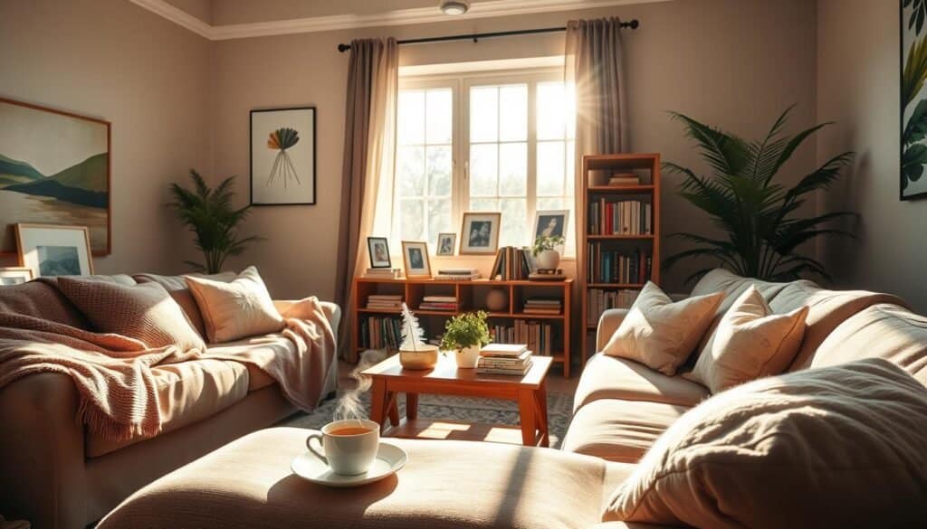 A warm and inviting living room with a cozy atmosphere. In the foreground, a plush, oversized sofa adorned with soft throw blankets and decorative cushions invites relaxation. A neatly arranged coffee table features a steaming cup of tea and a small plant. In the middle, a wooden bookshelf filled with neatly stacked books and a few framed family photos adds a personal touch. Sunlight spills in through large windows, illuminating the room with bright, natural light, casting soft shadows that enhance the sense of warmth. The background shows calming wall art and a gentle color palette of earthy tones, promoting a serene environment. The air appears fresh, with an elegant indoor plant adding a touch of greenery, contributing to the overall sense of comfort and well-being.