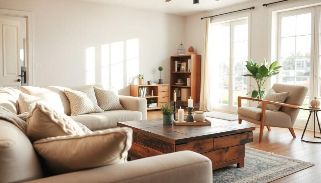 A warm, inviting living room showcasing cozy ideas without the need for redecorating. In the foreground, a plush, neutral-colored sofa adorned with soft, textured throw pillows and a knitted blanket. A rustic coffee table made of reclaimed wood sits nearby, topped with a couple of carefully arranged candles and a small potted plant. In the middle ground, a stylish area rug anchors the seating area, while a comfortable armchair adds an inviting touch, next to a shelf filled with books and decorative items. The background features large windows allowing bright, natural light to flood the space, creating an airy atmosphere. Soft sunlight casts gentle shadows, enhancing the warmth and inviting feel of the room. The overall mood is relaxed and comfortable, perfect for unwinding after a long day.