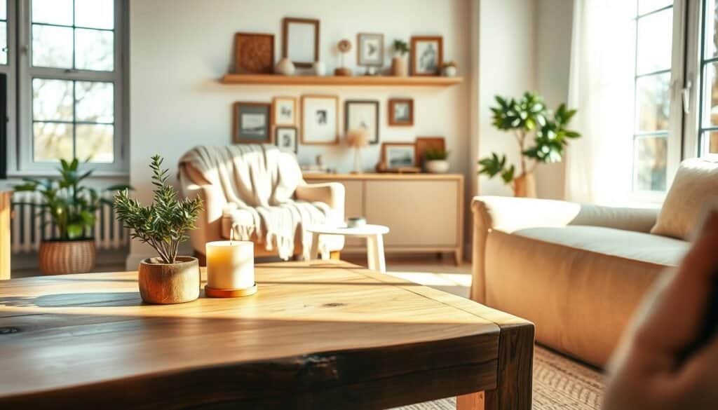 A warm, inviting scene showcasing cozy DIY home projects in a bright, airy living space. In the foreground, a well-crafted wooden coffee table adorned with a small potted plant and a handmade candle, emanating a rustic charm. The middle ground features a cozy armchair with a knitted throw blanket draped over it, alongside a wall shelf displaying handcrafted decor items like picture frames and small sculptures. In the background, large windows let in soft, natural sunlight, highlighting the neutral color palette of the room. The atmosphere exudes comfort and creativity, with subtle shadows adding depth. The image is captured with a wide-angle lens, enhancing the open feel of the space, and the lighting emphasizes the warmth and coziness of timeless DIY projects.