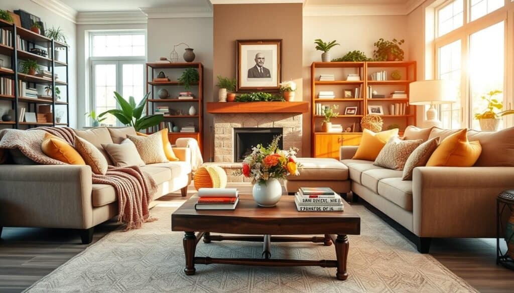 A welcoming living space that exudes comfort and warmth, featuring a cozy sectional sofa adorned with plush throw blankets and colorful cushions in a soft, inviting color palette. The foreground includes a rustic wooden coffee table with a vase of fresh flowers and a stack of art books. In the middle ground, an elegant fireplace adds a sense of homeliness, flanked by stylish bookshelves filled with greenery and personal artifacts. The background showcases large windows letting in soft, natural light, casting gentle shadows across the room. A lightly patterned area rug sits beneath the furniture, while warm sunlight streams in, creating an airy and bright atmosphere. Capture this scene from a slightly elevated angle to emphasize depth and the inviting layout of the space. The overall mood should feel tranquil and welcoming, ideal for relaxation and connection.