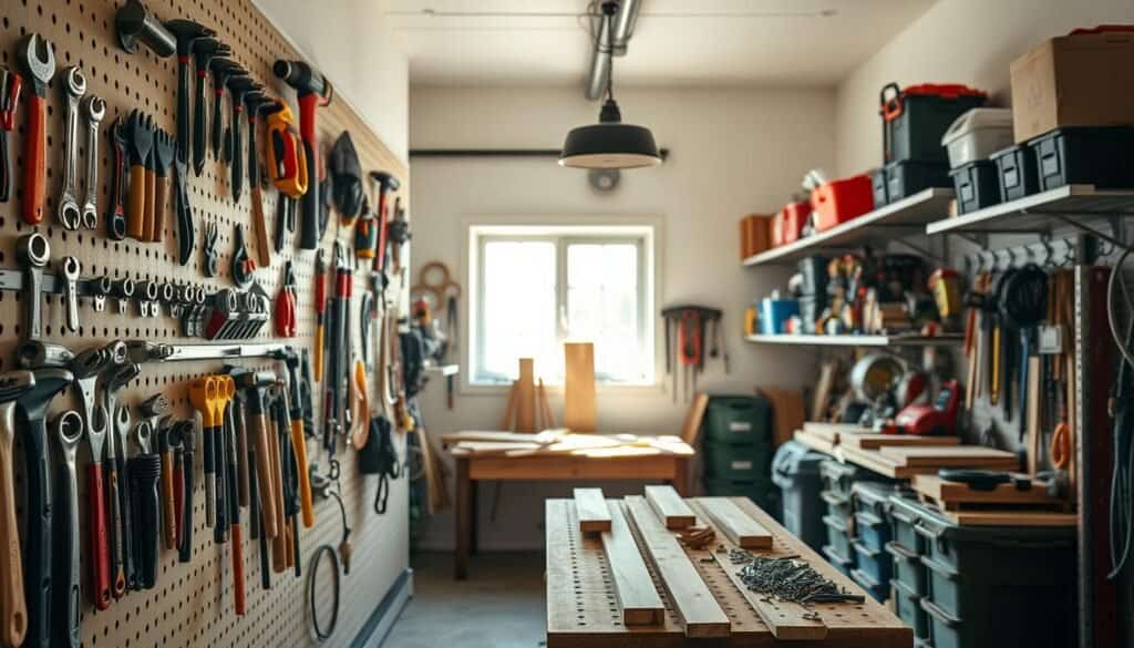 A well-organized pegboard tool wall in a bright, airy garage or workshop environment. The foreground features a variety of essential tools such as wrenches, hammers, screwdrivers, and drill bits, all neatly arranged on the pegboard with color-coded hooks for easy access. In the middle ground, a workbench is visible, cluttered yet organized with woodworking materials, like planks and screws, illuminated by soft sunlight streaming through a nearby window. The background includes shelves filled with additional tools and storage bins, adding depth to the scene. The atmosphere is productive and inviting, showcasing an ideal space for DIY home projects. The lighting is bright but soft, enhancing the colors of the tools while casting gentle shadows. Capture this scene from a slightly elevated angle to emphasize the depth and organization of the tool wall.
