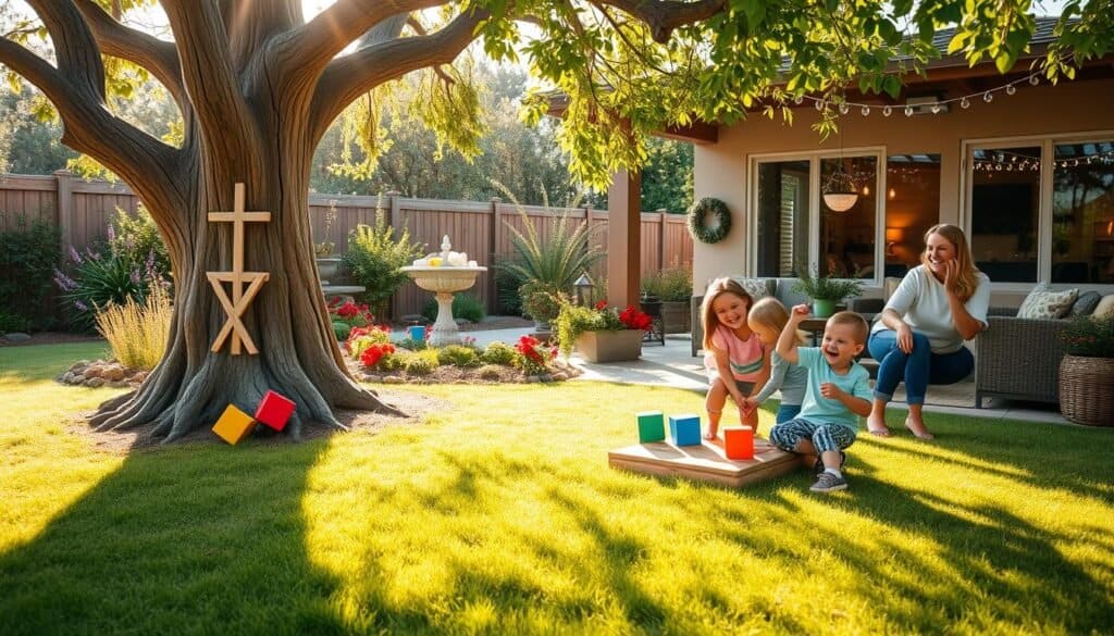 A whimsical and inviting outdoor setting featuring a large tic-tac-toe tree made from natural wood, with oversized game pieces in vibrant colors placed nearby. In the foreground, a sun-dappled grassy area invites interaction, while children and adults of varying ages are engaged in a friendly game, displaying excitement and laughter. The middle ground showcases flower beds and garden decorations that enhance the comfortable atmosphere, surrounded by lush greenery. In the background, a cozy patio area with comfortable seating is softly illuminated by the warm, golden rays of late afternoon sunlight filtering through the leaves. The image captures a joyful and interactive mood, perfect for a family-friendly backyard environment.