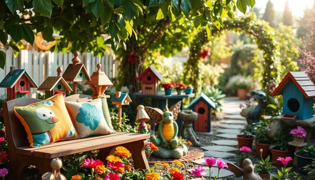 A whimsical garden decor scene filled with colorful hand-painted birdhouses, each uniquely designed with patterns and flowers. In the foreground, a charming wooden bench is adorned with vibrant cushions and surrounded by blooming flower beds. The middle ground features a variety of quirky garden sculptures, such as a smiling turtle and a whimsical fairy, nestled among lush greenery and potted plants. In the background, an enchanting archway decorated with twinkling fairy lights leads to a serene garden path. The lighting is bright and natural, with soft sunlight filtering through the leaves, creating an airy and inviting atmosphere. The image captures a magical, cozy feel that inspires creativity in garden design.