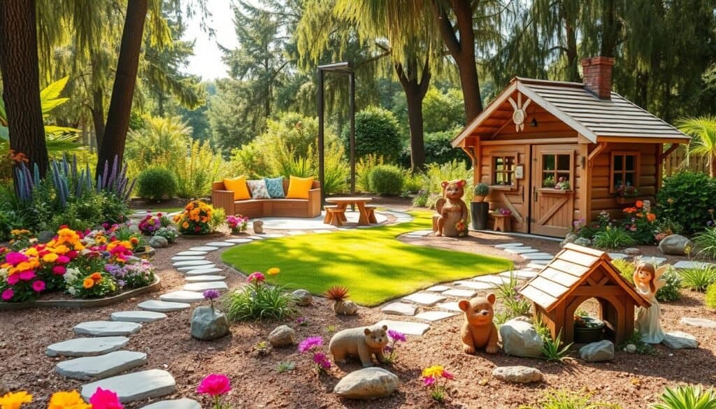 A whimsical garden designed for children, featuring vibrant flower beds with an array of colorful blooms, playful pathways made of smooth stones, and a miniature wooden playhouse adorned with charming decorations. In the foreground, there are whimsical sculptures, like friendly animals and garden fairies, inviting interaction. The middle ground showcases a cozy seating area with bright cushions and a small picnic table surrounded by lush green grass. In the background, tall trees create a natural canopy, letting in soft sunlight that bathes the scene in a warm glow. Capture this joyful outdoor space from a slightly elevated angle to emphasize the layout. The atmosphere should feel magical and inviting, perfect for family fun and imaginative play.