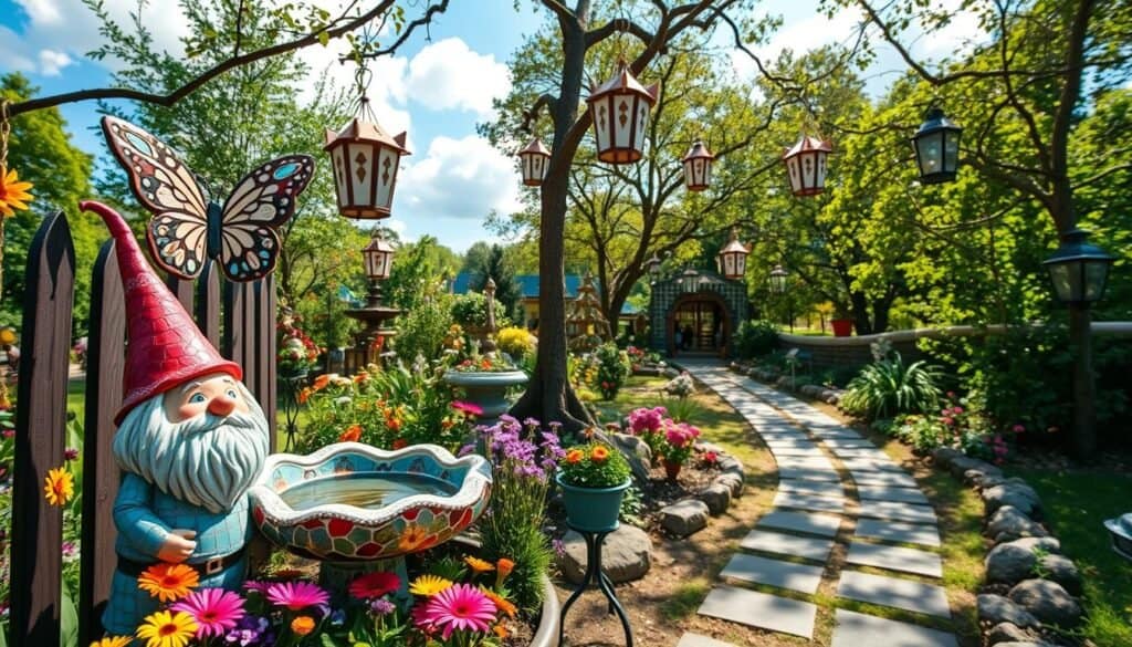 A whimsical garden filled with charming decorations, featuring a vibrant mosaic birdbath surrounded by colorful wildflowers. In the foreground, a playful gnome with a cheeky grin stands beside intricately painted wooden butterflies perched on a curved fence. The middle ground showcases hanging lanterns swaying gently from tree branches, casting soft, dappled light onto a winding stone pathway. In the background, lush greenery and a blue sky dotted with fluffy clouds create a serene atmosphere. The scene is bathed in warm, natural sunlight, enhancing the cheerful mood. Photographed with a wide-angle lens to capture the expansiveness of the garden, emphasizing the delightful details in the decorations, inviting viewers to immerse themselves in this enchanting outdoor space.