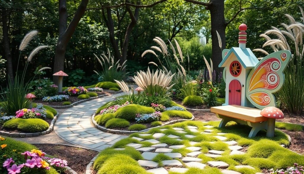A whimsical garden filled with playful elements, showcasing a vibrant butterfly-shaped bench surrounded by colorful flowerbeds, soft moss carpets, and tiny whimsical toadstool sculptures. In the foreground, a winding cobblestone path leads to a cheerful birdhouse painted in pastel hues, attracting a variety of cheerful birds. The middle ground features gently swaying tall grasses and delicate fairy lights strung between trees, casting a warm glow. In the background, lush greenery and dappled sunlight filter through the leaves, creating a serene and inviting atmosphere. The scene is captured in bright natural light, emphasizing the colors and soft features, ensuring the image exudes a calm and comfortable vibe perfect for relaxation and wonder.