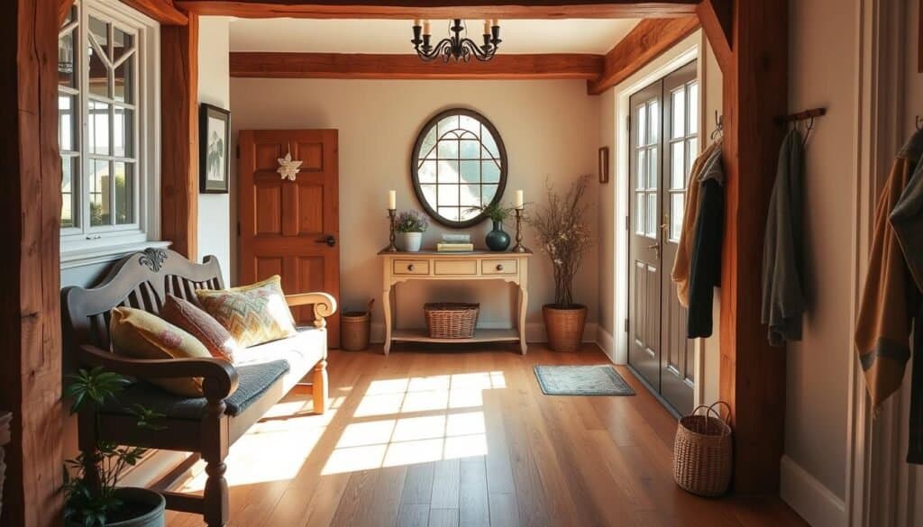 An inviting English cottage foyer, showcasing rustic wood beams and warm-toned, stained oak flooring. In the foreground, a vintage wooden bench adorned with colorful cushions, surrounded by potted plants and a woven basket. The middle ground features a charming console table with a decorative mirror above it, flanked by soft, knit throws and fragrant candles. Light streams in through leaded glass windows, casting gentle shadows that enhance the cozy atmosphere. The background includes shades of pastel walls and a classic coat rack with neatly hung jackets. The overall mood is warm and welcoming, perfectly embodying the cottage style, captured with soft natural lighting and a slightly angled view to emphasize the inviting space.