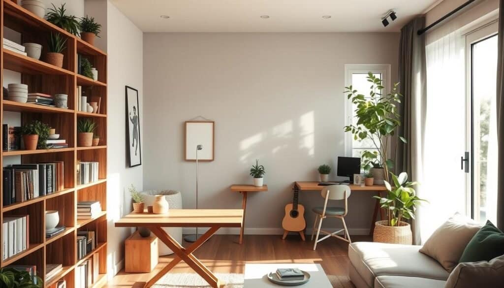 An inviting, cozy room showcasing innovative smart DIY solutions for small spaces. In the foreground, a well-organized bookshelf with DIY storage solutions made from reclaimed wood, adorned with plants and decorative items. The middle features a stylish folding table that seamlessly integrates with the décor, and a DIY wall-mounted desk optimized for compact living. In the background, large windows bathe the room in bright, natural light, creating an airy atmosphere with soft sunlight streaming in. The color palette includes warm neutrals and soothing greens. The scene is captured from a slightly elevated angle, highlighting the functionality and beauty of the space. The mood is uplifting and inspiring, perfect for motivating homeowners to enhance their small living areas.