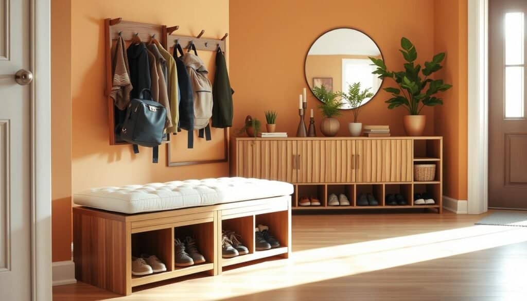 An inviting entryway featuring a well-organized storage solution. In the foreground, a stylish wooden bench with built-in shoe storage, harmonizing natural wood tones with a soft, cushioned seat. To the left, a vertical coat rack adorned with neatly hung jackets and backpacks. In the middle, a sleek, modular console table displays small decorative items and a few potted plants, offering greenery. The background features a bright window allowing soft sunlight to illuminate the space, enhancing the airy atmosphere. The walls are painted in warm, neutral tones, keeping the focus on the organized storage. The composition is captured from a slightly elevated angle, emphasizing cleanliness and organization, creating a serene, welcoming mood.