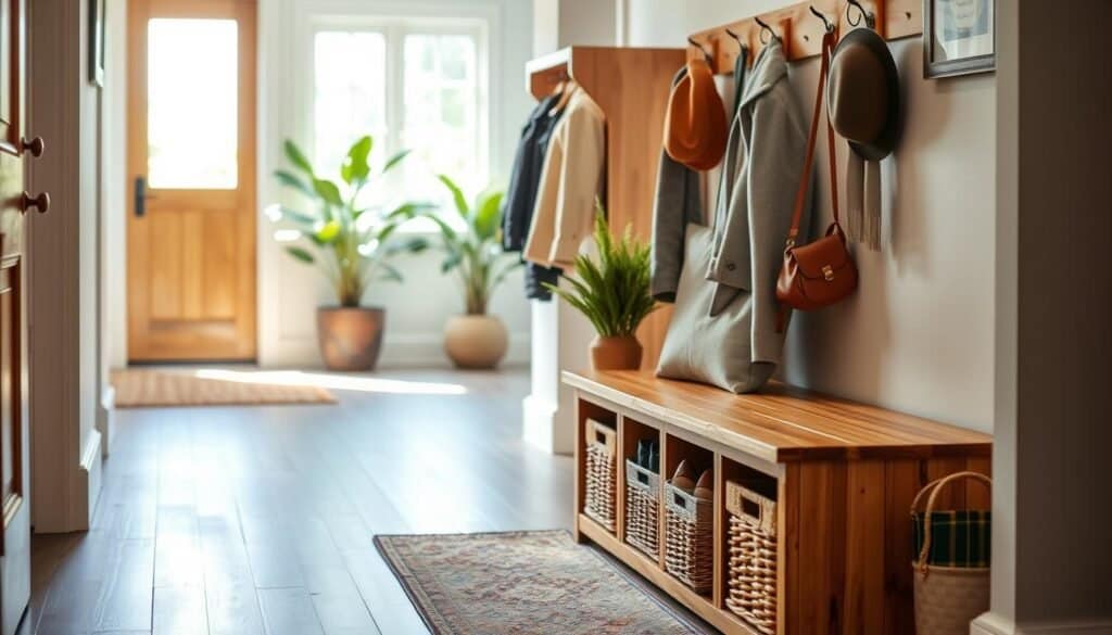 An inviting entryway featuring stylish storage solutions that blend functionality with elegance. In the foreground, a handcrafted wooden bench with storage compartments is flanked by a pair of woven baskets, perfect for shoes and scarves. The middle ground showcases a chic coat rack made from natural wood, adorned with neatly hung jackets and hats. The background reveals a well-lit hallway with soft sunlight streaming through a nearby window, enhancing the airy atmosphere. Green plants in decorative pots add a touch of freshness. The overall mood conveys warmth and organization, emphasizing a personal yet easy-to-maintain space, captured from a slightly elevated angle to showcase the layout effectively.