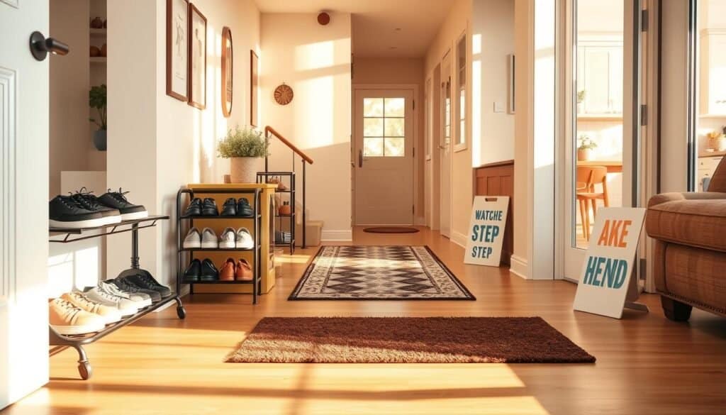 An inviting living room scene showcasing essential home safety tips to prevent slips and trips. In the foreground, prominently display a stylish non-slip welcome mat at the entrance, alongside a sturdy shoe rack organized with neatly arranged shoes. The middle ground features a well-lit hallway with a handrail attached to the wall, leading to a couple of strategically placed safety signs, like a “Watch Your Step” reminder. The background shows a bright, airy kitchen with clear pathways, free of clutter. Soft sunlight pours in through large windows, casting gentle shadows while creating an uplifting atmosphere. The overall mood is warm and secure, conveying a sense of comfort and safety in a well-maintained home environment.