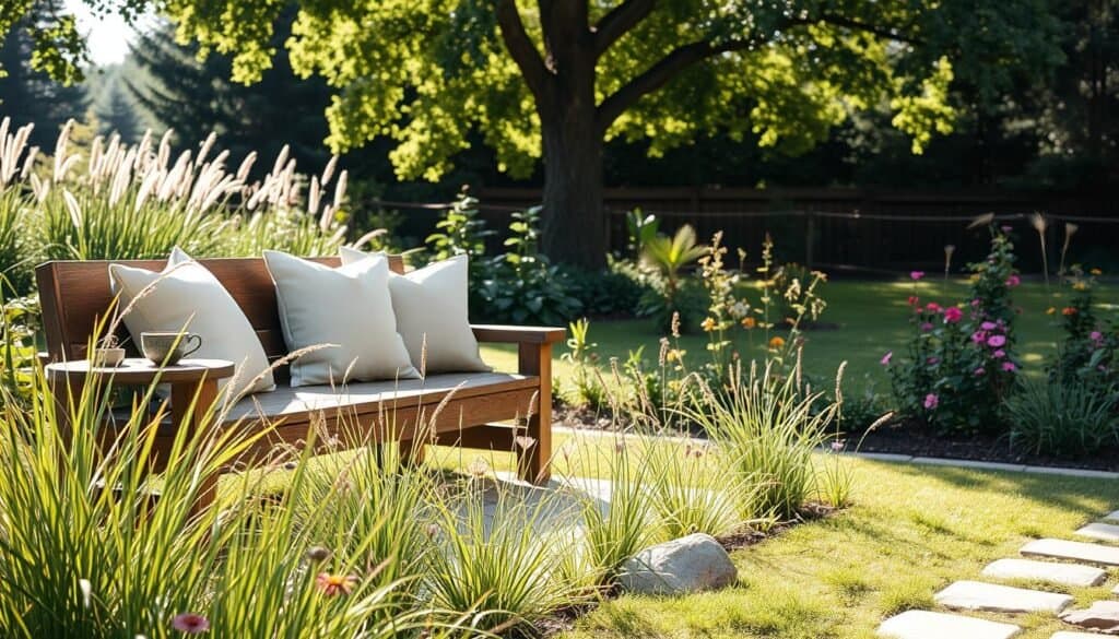 An inviting outdoor mindfulness seating area nestled in a serene backyard. In the foreground, a comfortable, rustic wooden bench adorned with soft, neutral cushions invites relaxation. To the left, a small round table holds a steaming cup of herbal tea and a small potted plant, enhancing the tranquil ambiance. In the middle ground, gently swaying tall grass and a variety of colorful wildflowers create a natural border, while a few scattered stones add texture to the scene. The background features a lush garden with tall trees casting dappled sunlight, creating a warm and peaceful atmosphere. Capture this scene in soft sunlight, highlighting the warm colors and textures, with a slightly elevated angle to encompass both the seating area and the surrounding nature, evoking a sense of calm and mindfulness.