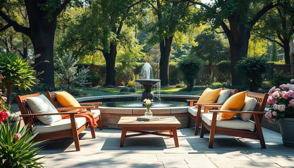 An inviting outdoor seating area beside a tranquil water feature, surrounded by lush greenery and blooming flowers. In the foreground, a set of stylish wooden chairs with soft, vibrant cushions and a low coffee table sit comfortably on a textured stone patio. The middle ground features a gently flowing fountain, creating soothing sounds and reflecting the natural light. In the background, tall trees provide dappled shade, while soft rays of afternoon sun filter through the leaves, illuminating the scene. The atmosphere is serene and welcoming, suggesting a perfect spot for relaxation and social gatherings, adapting beautifully to seasonal changes. The composition captures the essence of a cozy oasis, emphasizing comfort and usability throughout the year.