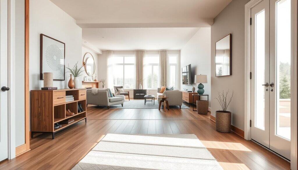 An open concept entryway featuring a seamless flow into a stylish living room, showcasing a modern design. In the foreground, an inviting area rug separates the entryway from the living area, accentuating the transition. The middle ground highlights a combination of natural wood accents, a sleek console table adorned with tasteful décor, and a built-in shoe storage area. Large windows bathe the space in bright, soft sunlight, emphasizing airy openness. The background includes a glimpse of the living room with comfortable seating and subtle color coordination, creating a cohesive look. The atmosphere is warm and welcoming, designed for both function and aesthetic appeal, captured from a wide angle to showcase the flow of the space in a fresh, realistic style.