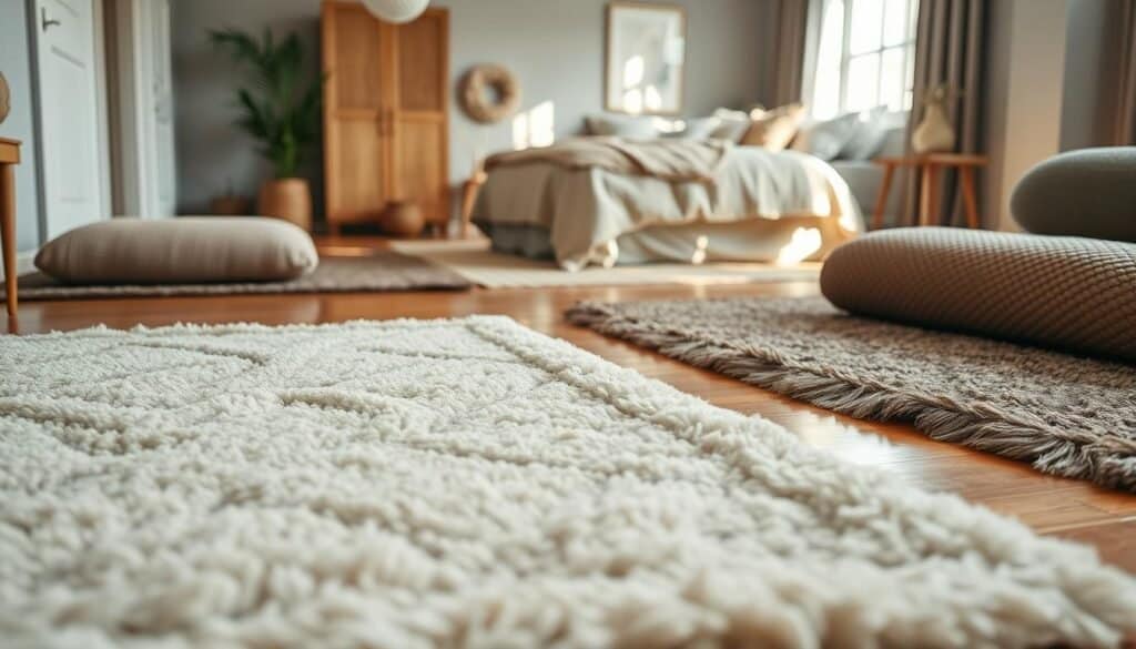 Cozy bedroom featuring a variety of stylish rugs layered on a polished wooden floor. In the foreground, focus on a plush, cream-colored area rug with a subtle geometric pattern, inviting warmth and texture. In the middle, showcase a beautifully arranged space with a soft, muted color palette, including a bed dressed in light linens and decorative pillows that complement the rugs. The background reveals a window allowing soft, natural sunlight to filter gently into the room, casting warm shadows and enhancing the inviting atmosphere. Capture the scene with a slight angle to highlight the depth and layering of textiles, creating a serene and thoughtfully styled bedroom ambiance.
