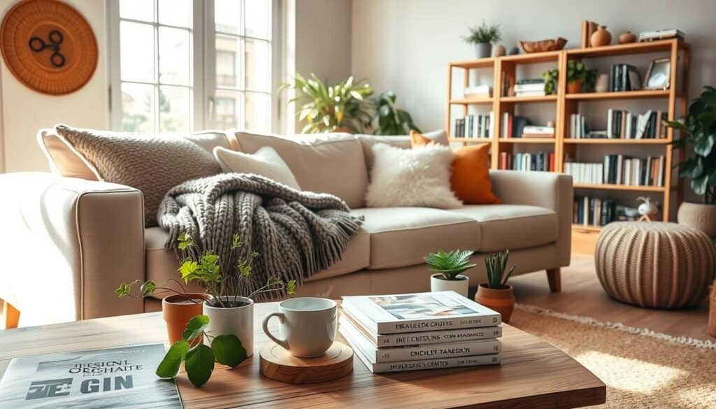 Cozy living room featuring warm home decor ideas, a soft beige sofa layered with textured throw pillows and a chunky knit blanket draped over one arm. In the foreground, a wooden coffee table showcases a steaming mug and a stack of design books. The middle of the room includes a rug with natural fibers and potted green plants for lively accents. In the background, light floods in through large windows, accentuating the airy atmosphere with soft sunlight streaming across the room. A bookshelf filled with books and decorative items creates an inviting focal point. The scene conveys warmth and tranquility, highlighting the comfort of a well-styled living space.
